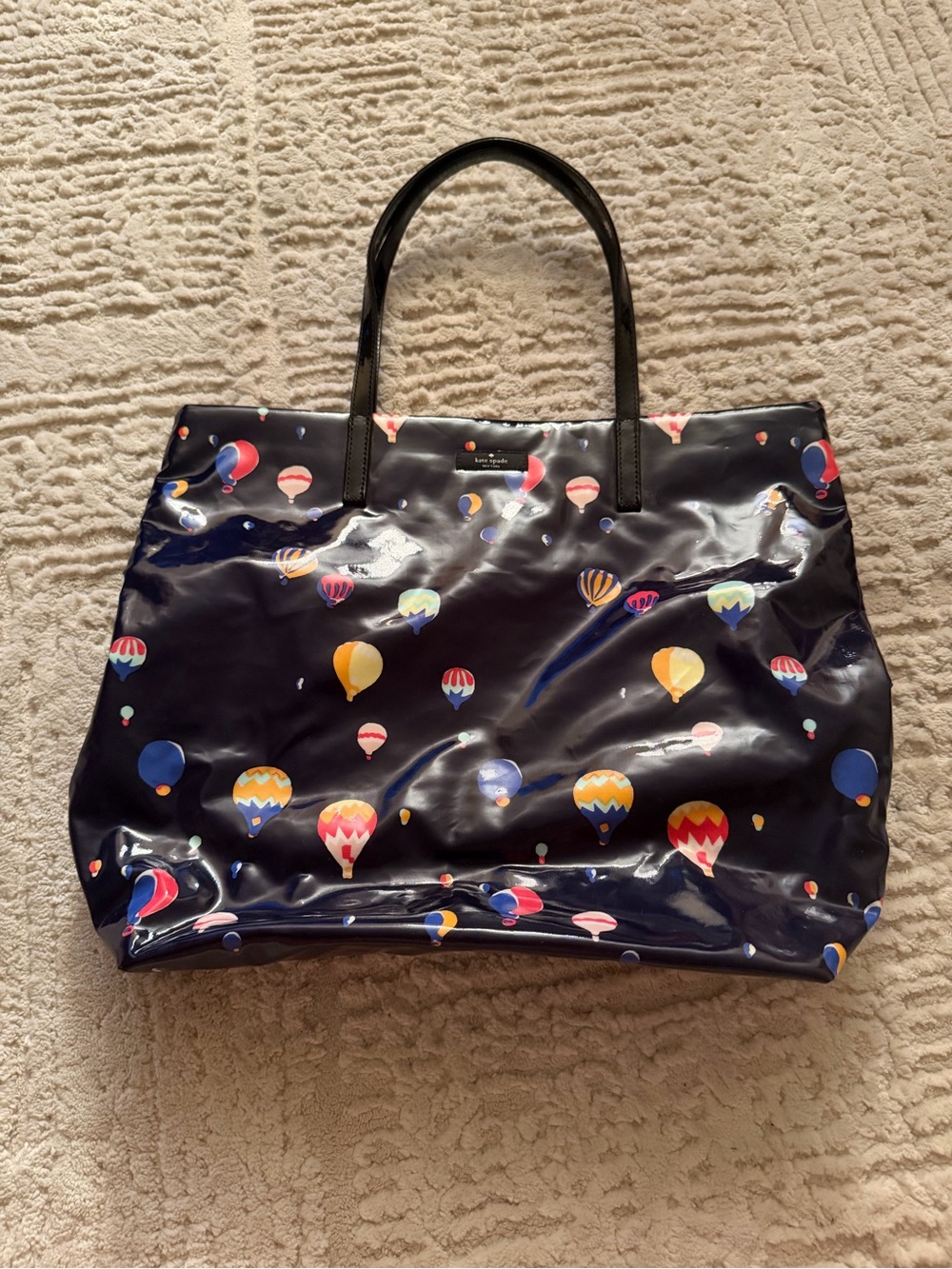 kate spade patent leather black tote with colorful hot air balloon print